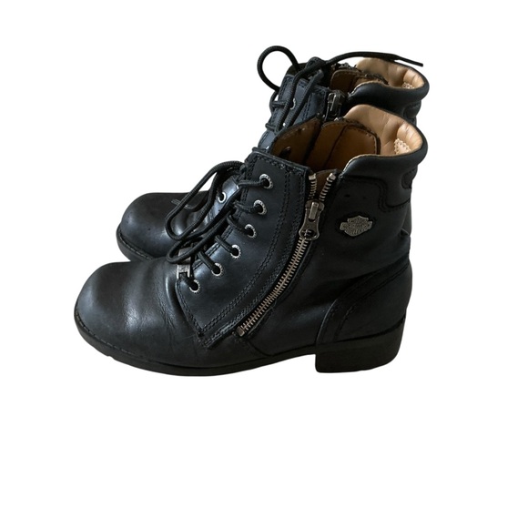 Vintage Harley-Davidson Combat Black Leather Ankle Moto Boots Sz 7 zip side - Picture 1 of 9
